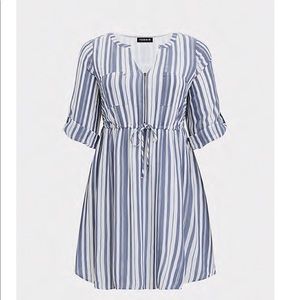 BLUE/WHITE STRIPE ZIP FRONT DRAWSTRING SHIRT DRESS